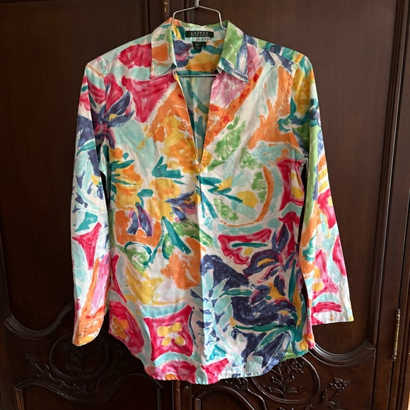 Lauren Ralph Lauren Tops - Lauren Ralph Lauren Multicolor Watercolor Print Collared Cotton Blouse Medium